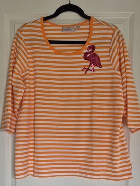 Quacker Factory Orange & White Striped 3/4 Sleeve Tee with Pink Sequin Flamingo